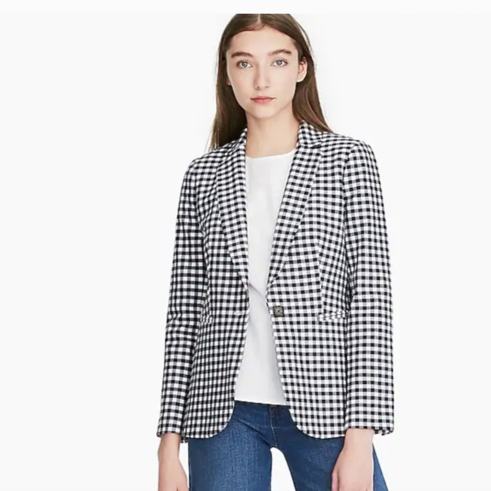 J. Crew NWT Parke blazer in gingham bi-stretch navy white cotton blend, size 2